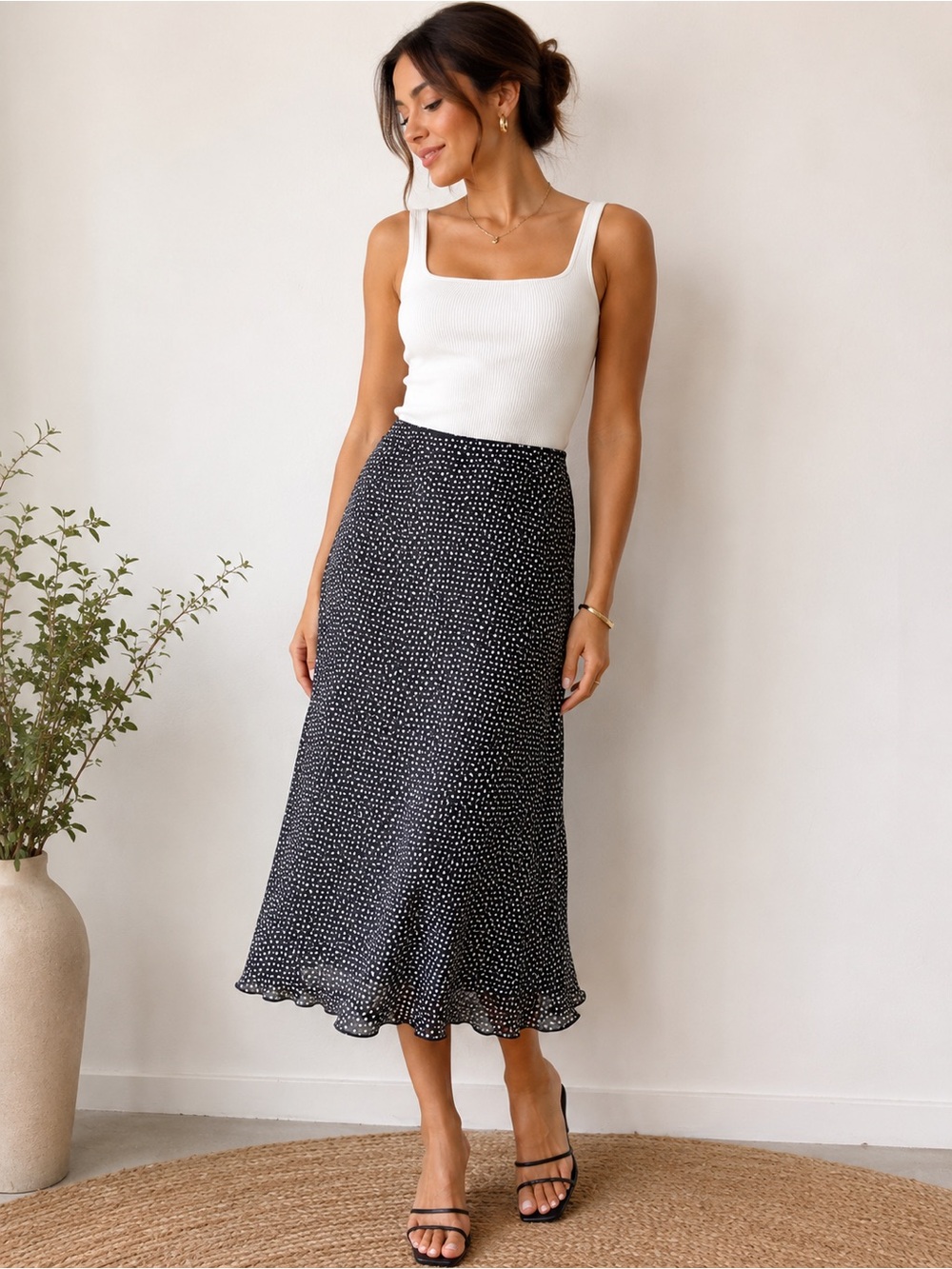 Vintage VEX Black & White Polka Dot Midi Skirt Made in Canada